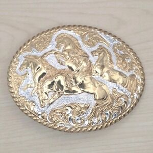 CRUMRINE Western Cowboy Horse Buckle Silver Gold Tone Textured Oval USA Made